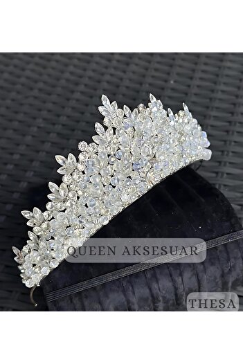 QUEEN AKSESUAR Coroana regală THESA cu diamante, cristal alb, piatră, design de lux, coroană metalică de logodnă, coroană de mireasă, autentică înaltă