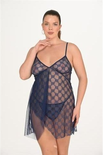 ALFA AKSESUAR 03 Large Size Navy Blue Nightgown 3046