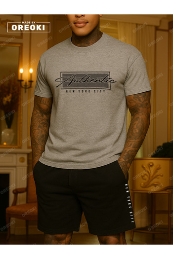 EFFRENATU Authentic Printed Cotton Fabric Men's Gray T-Shirt-Black Shorts Set