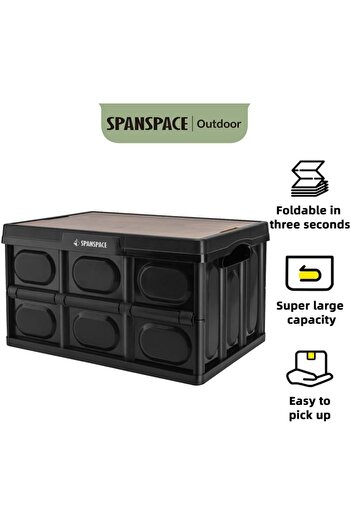 Deli Outdoor Folding Storage Box 55L (Black)\with wooden top for chopping purposes.