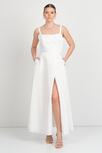 DORİDORCA Doridorca Women's Taffeta Fabric Square Neckline Long Evening Dress with String Strap 7092 White