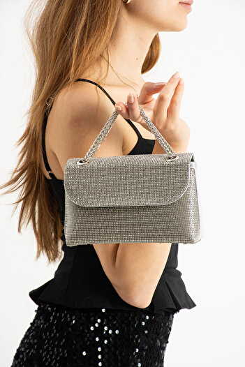 Getcho Shom Women's Stone Detailed Chain Strap Covered Silver Evening Bag Small Size Portfolio Evening Dress Bag Model
