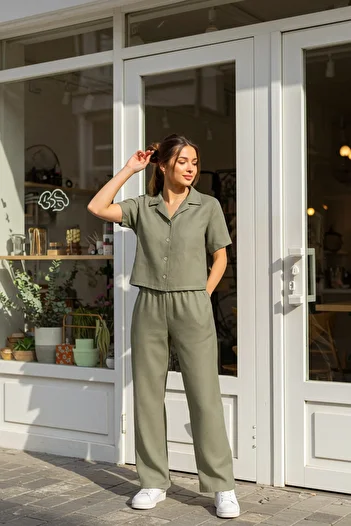 Trendyol Collection Khaki Modal Button Shirt and Wide-Leg Pants Set - Short Sleeve, Woven Twoss25Au00026