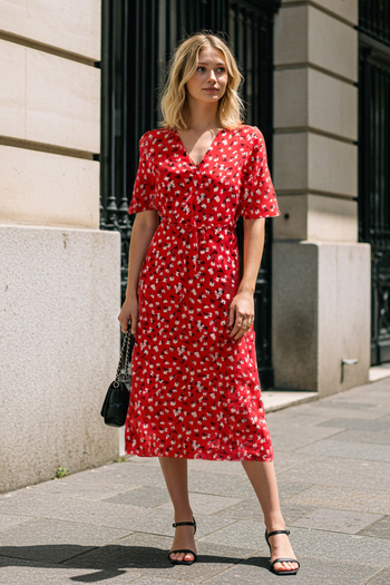 Trendyol Collection Red Floral A-Line Midi Woven Dress Twoss25El00300