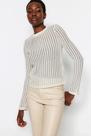 Trendyol Collection Ecru Transparent Knitwear Look Fabric Regular Length Crew Neck Knitted Blouse TWOAW24BZ00094