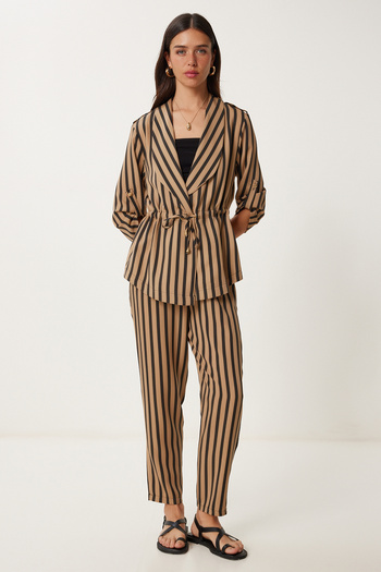 Happiness İstanbul Women's Beige Black Striped Woven Jacket Pants Suit Wf00120