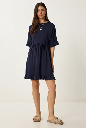 Happiness İstanbul Women's Navy Blue Flounced Summer Knitted Dress Rc00159