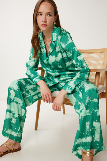 Happiness İstanbul Women's Green Patterned Satin Shirt Pants Suit Fg00036