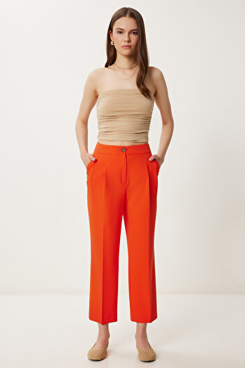 Happiness İstanbul Orangefarbene, hoch taillierte, gewebte Hose für Damen WF00121