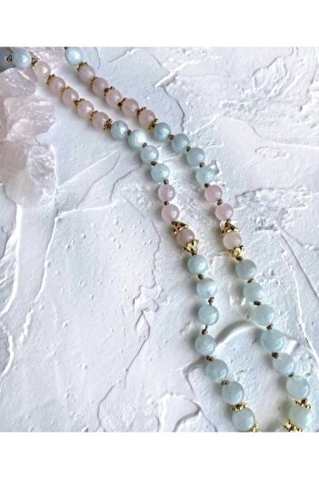 Angel Tasarım 54lü Mala Kolye Pembekuvars & Aquamarine