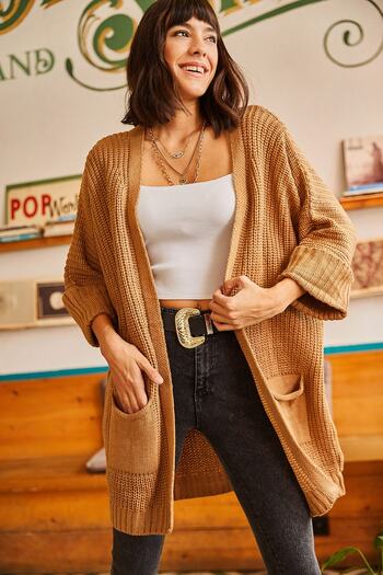 Olalook Women's Camel Sleeve Folded Pocket Loose Knit Cardigan HRK-19000123