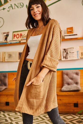 Olalook Women's Camel Sleeve Folded Pocket Loose Knit Cardigan HRK-19000123