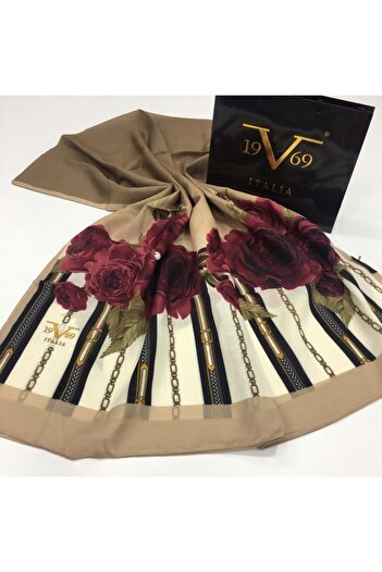 19V69 ITALIA Beige Dried Rose Shawl Floral Pattern Pavia Series with Scarf Hanger and Gift Set 90x200 Cm