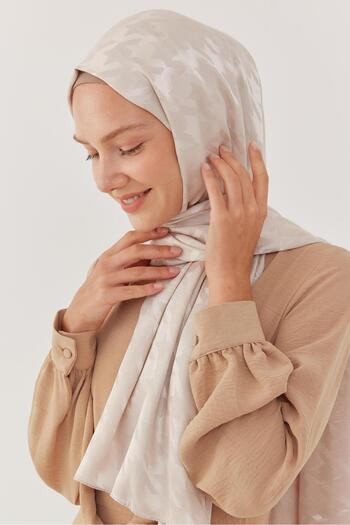 MİRSOY SCARF Shiny Jacquard Patterned Houndstooth Shawl - Stone