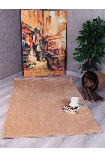 Myevilla Beige Colored Decorative Puffy Plush Soft Non-Slip Based Cutting Carpet Runner