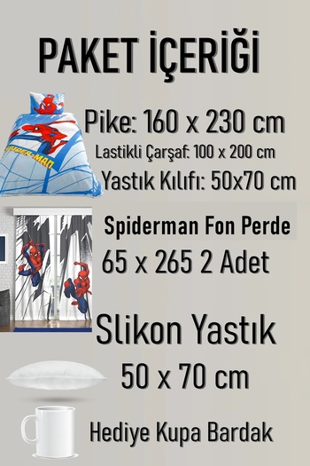 Taç Spiderman Pike Set + 2-Piece Spiderman Background Curtain + Pillow + Mug Cup Gift Total 7 Pieces