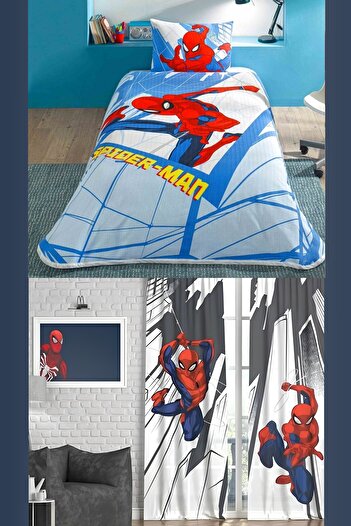 Taç Spiderman Pike Takımı + 2'li Spiderman Fon Perde + Yastık + Kupa Bardak Hediye Toplam 7 Parça