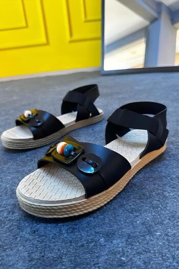 Oksit Straw Look Diya Sole Button Detailed Women's Sandals