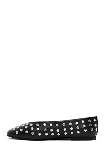 Derimod Women's Black Stone Genuine Leather Summer Ballerina Shoes 24Wfd1407Ts
