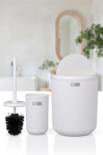 Okyanus Home Set de 2 găleți și perie pentru WC Linea, rotund, cu dungi alb, alb catifelat