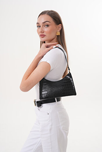 Güce Black Crocodile Patterned Baguette Baguette Hand and Shoulder Bag Gc009000k