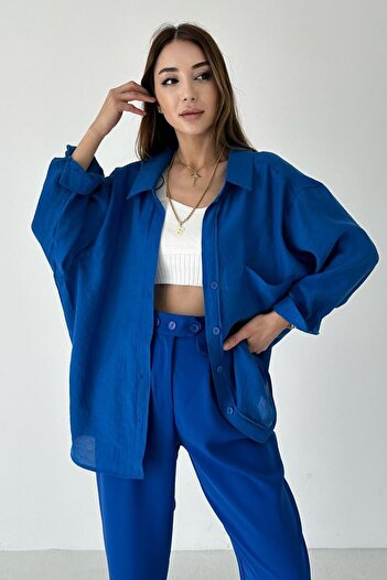 Ayay Butik Saks Kadın Keten Oversize Gömlek Kumaş Hafıf Toktur Dökümlü Bir Yapısı Vardır