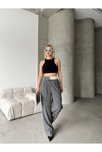Jeevee Half Reverse Belt Wide Leg Polyviscose Trousers