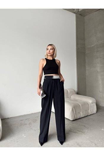 Jeevee Half Reverse Belt Wide Leg Polyviscose Trousers