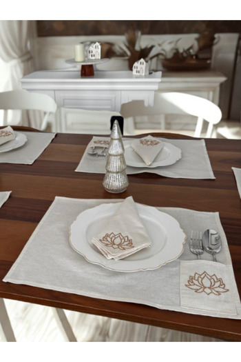 Menar Tasarım Lotus Flower Embroidered American Service Set Napkin Set 6-Person Dining Tablecloth Set