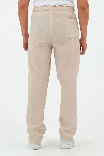 RELAXL 100% Cotton Muslin Fabric Summer Baggy Wide Leg Beige Trousers
