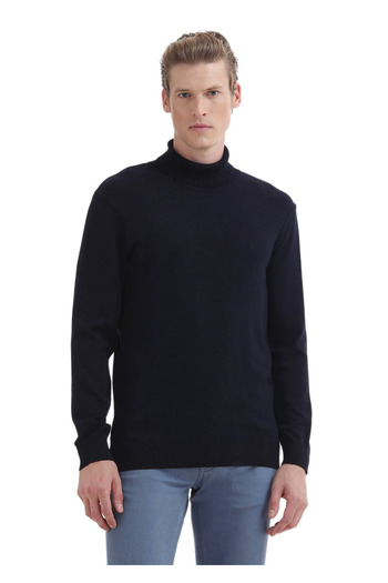 Ramsey Navy Blue Half Turtleneck Plain Knit Wool Blended Sweater
