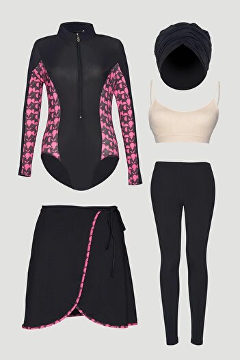 Zühre Patterned 5 Piece Black Full Covered Swimsuit Zm-0017