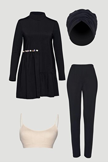 Zühre Black Full Covered Hijab Swimsuit with Seashell Detail Zm-0014