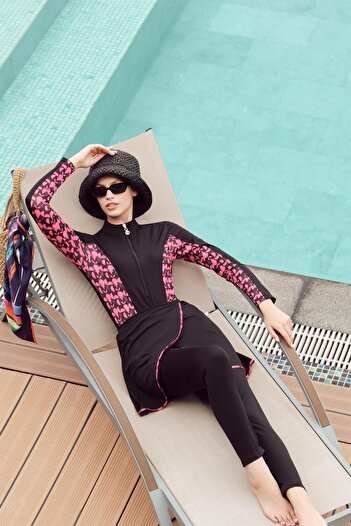 Zühre Patterned 5 Piece Black Full Covered Swimsuit Zm-0017