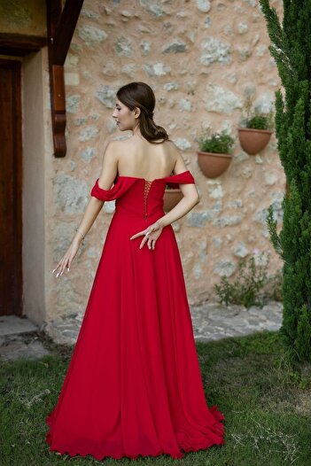 berissima bride Lotus Drapeli Düşük Kol Şifon Kırmızı Abiye Elbise