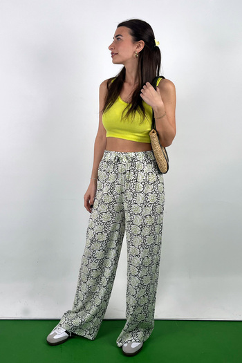Love The Wind Green Patterned Polyamide Viscose Draped Palazzo Trousers