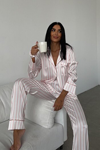 COCCOLARSI Strisce Rosa Chiaro Saten Uzun Pijama Takımı (GENİŞ BEDEN ARALIĞI)