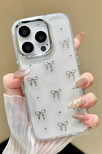 Fibaks Apple iPhone 16 Pro Case Bow Pattern Transparent Glitter Silver Camera Protruding Glossy Cover