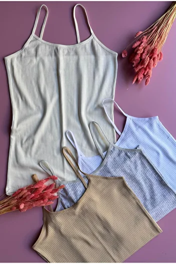 Elosia Libre Line |   Pack of 5 Black, Gray, Tan, Ecru and White Cotton Ribbed Thread Strap Tank-Blouse
