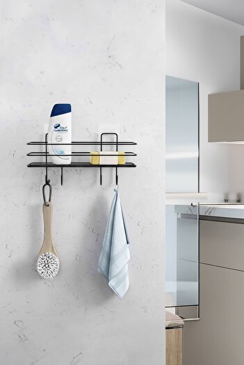 Sas Haus Black Adhesive Bathroom Shelf Kitchen Shelf Multipurpose Hanging Organizer Organizer Stainless Shampoo Holder