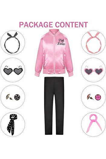 Miulruma 50s Pink Lady costume for girls party with accessories, 9-10 years, Miulruma