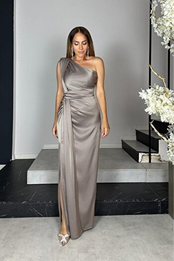 gesmoda G1442 One Shoulder Satin Designer Dress Mink