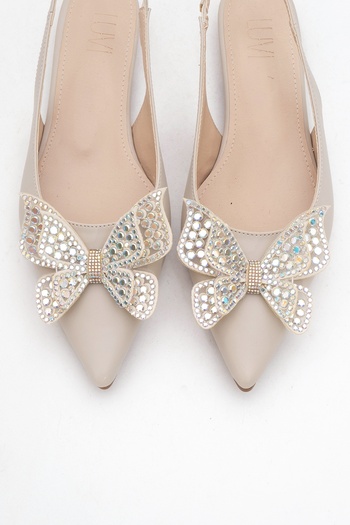 LuviShoes Oriol Beige Skin Butterfly Stone Pointed Toe Open Back Women's Ballerina Shoes
