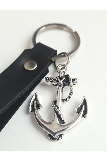 AB Takı Anchor Premium Symbol Fashion Black Real Leather Keychain