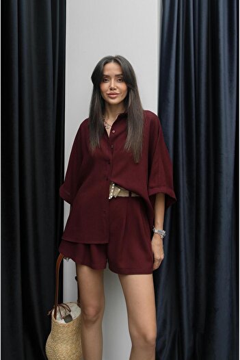 Havoş Burgundy Straw Belt Shorts Shirt Linen Suit