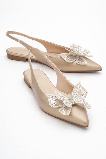LuviShoes Oriol Gold Skin Butterfly Stone Pointed Toe Open Back Women's Ballerina Shoes