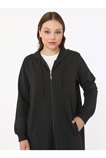 ALİA Large Size Hooded Zipper Pocket Detailed Black Cap - Black - Alia