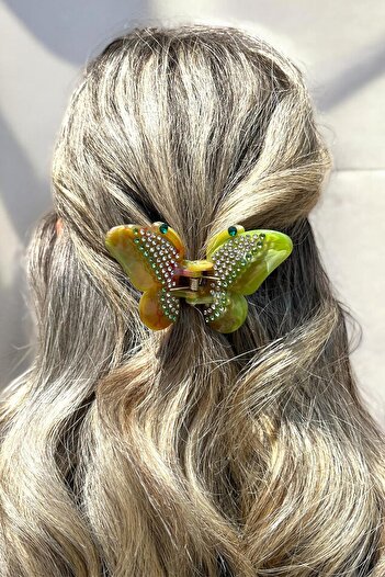 TAKIŞTIR Green Color Butterfly Figured Stone Detailed Bone Peg Buckle