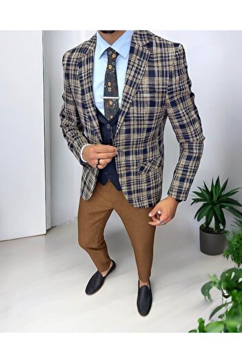 dehaine Men's suit, jacket, pants, vest, checked, brown, 13200