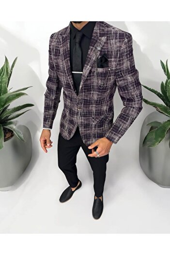 dehaine Men's suit, jacket, pants, vest, plaid, Burgundy, 13201